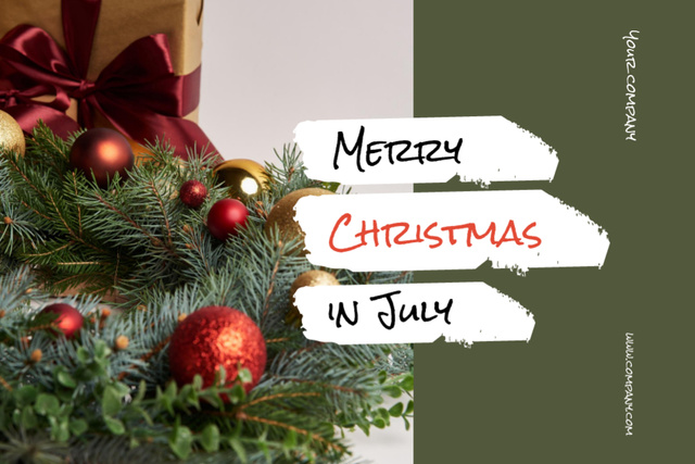 Merry Christmas in July Greeting on Green with Red Bow Postcard 4x6inデザインテンプレート