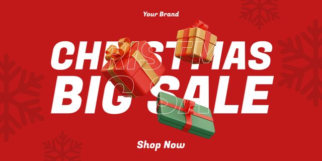 Big Christmas Sale Announcement on Red with Gifts Twitter Design Template