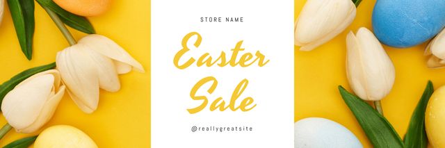 Easter Sale Announcement with Tender Tulips and Painted Eggs Twitter Design Template