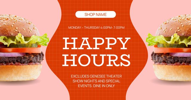 Plantilla de diseño de Happy Hours at Fast Casual Restaurant with Tasty Burgers Facebook AD 