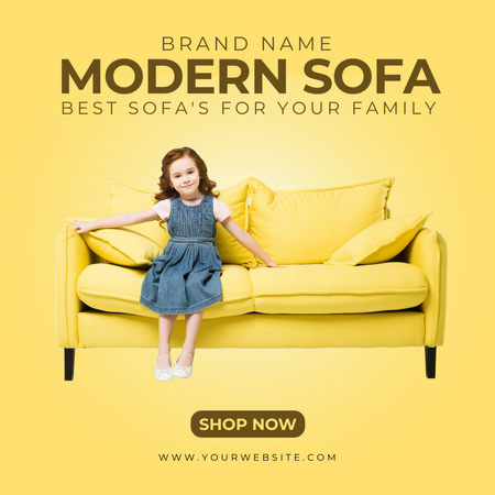 Modern bútorok hirdetése kislánnyal ül a sárga kanapén Instagram tervezősablon