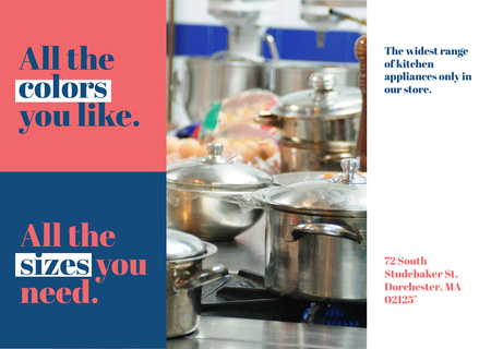 Plantilla de diseño de Kitchen Utensils Store Ad Pots on Stove Postcard 