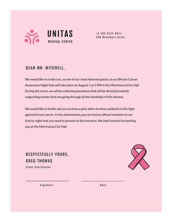 Template di design Evento di sensibilizzazione sul cancro al seno presso il centro medico Letterhead 8.5x11in