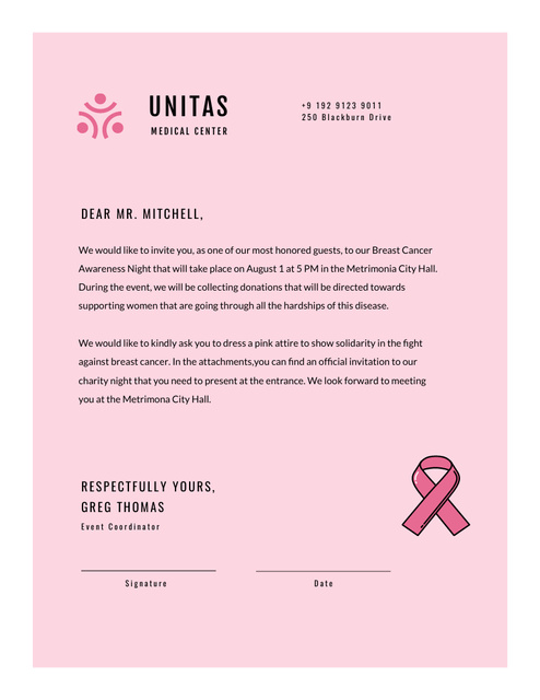 Breast Cancer Awareness Event At Medical Center Letterhead 8.5x11in Modelo de Design