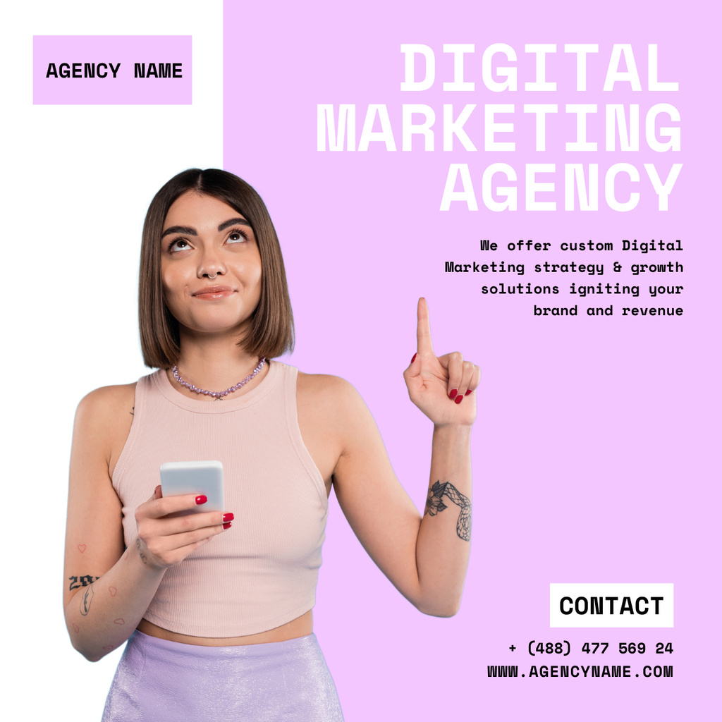 Ontwerpsjabloon van LinkedIn post van Young Woman Recommending Digital Marketing Agency Services