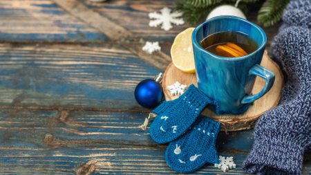 Hot Spiced Tea in Blue Cup Zoom Background Design Template