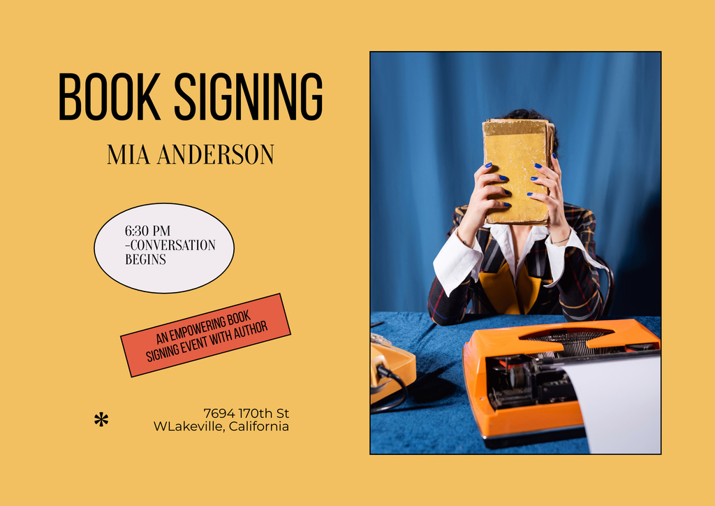 Book Signing Announcement on Yellow Poster B2 Horizontal tervezősablon
