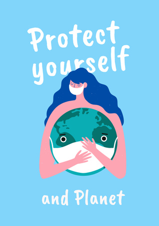 Girl holding Earth in Medical Mask Posterデザインテンプレート