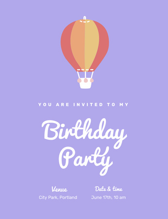 Birthday Party Announcement with Hot Air Balloon on Purple Invitation 13.9x10.7cm Design Template