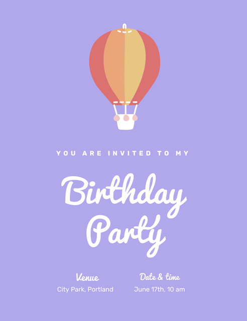 Designvorlage Birthday Party Announcement with Hot Air Balloon on Purple für Invitation 13.9x10.7cm