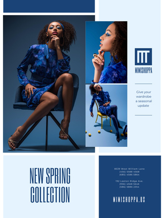 Template di design Annuncio della collezione di moda con elegante donna in blu Poster US