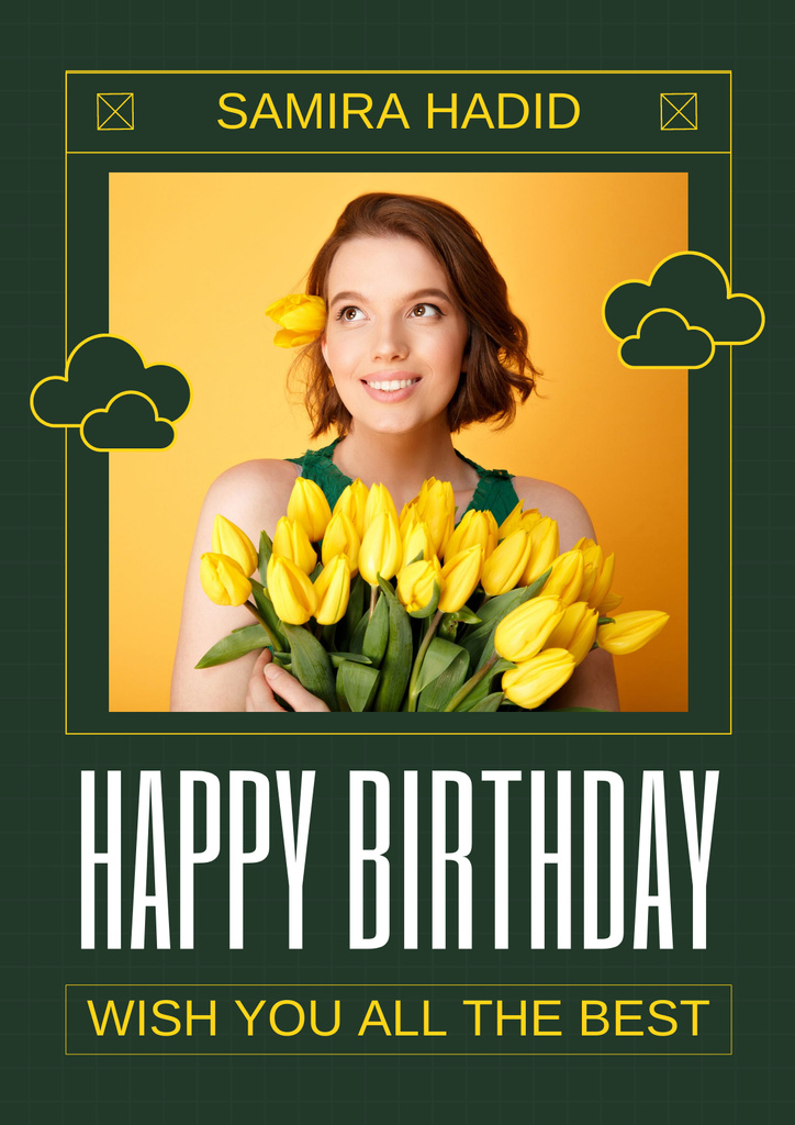 Young Woman with Festive Bouquet of Tulips Poster – шаблон для дизайна