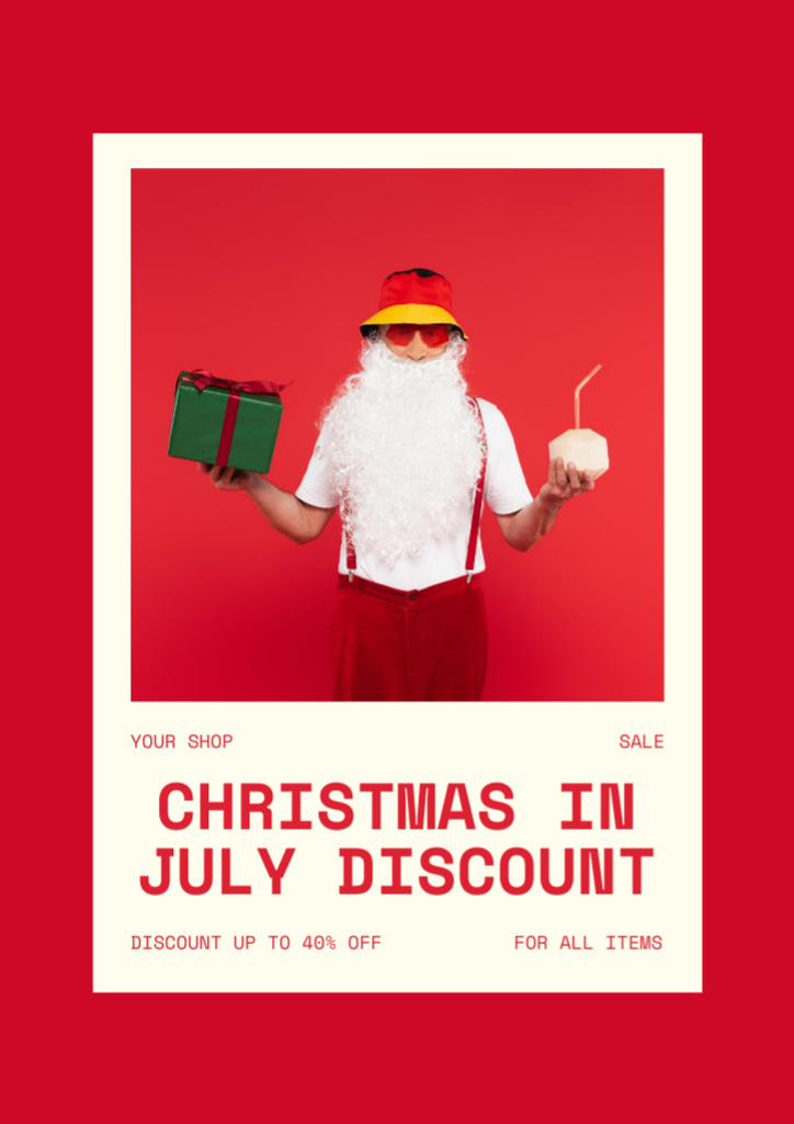 Christmas in July Discount Santa Holding Present Flyer A4 Design Template