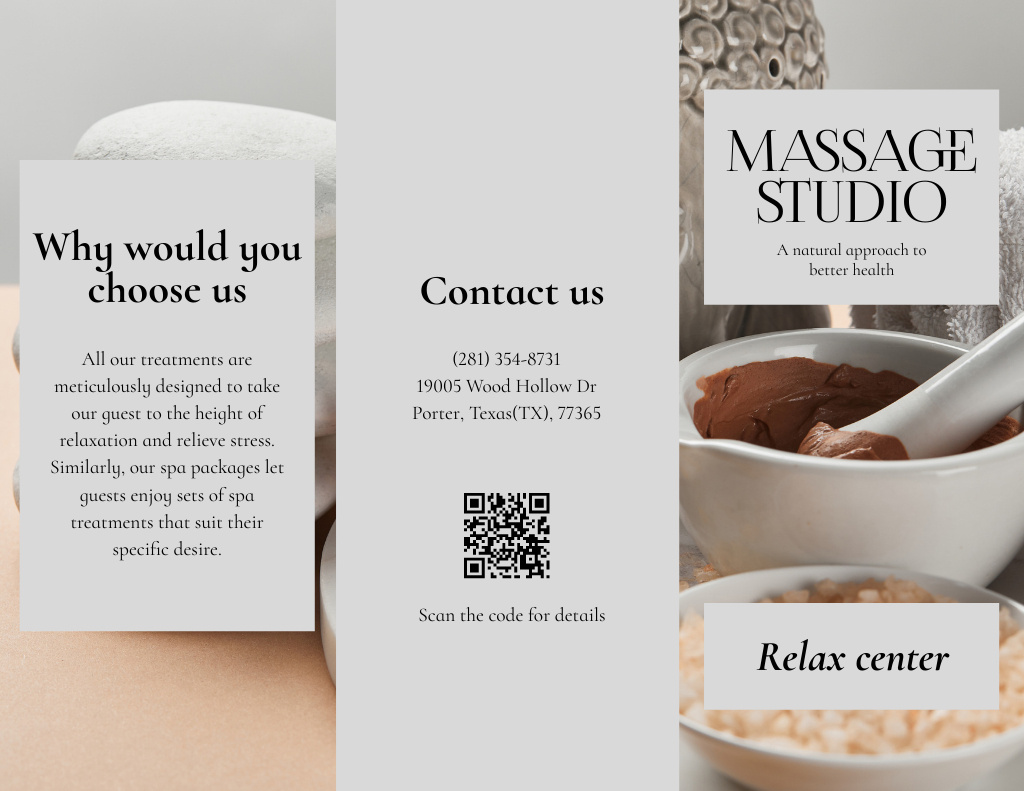 Ontwerpsjabloon van Brochure 8.5x11in van Massage Studio Ad with Spa Composition and Text