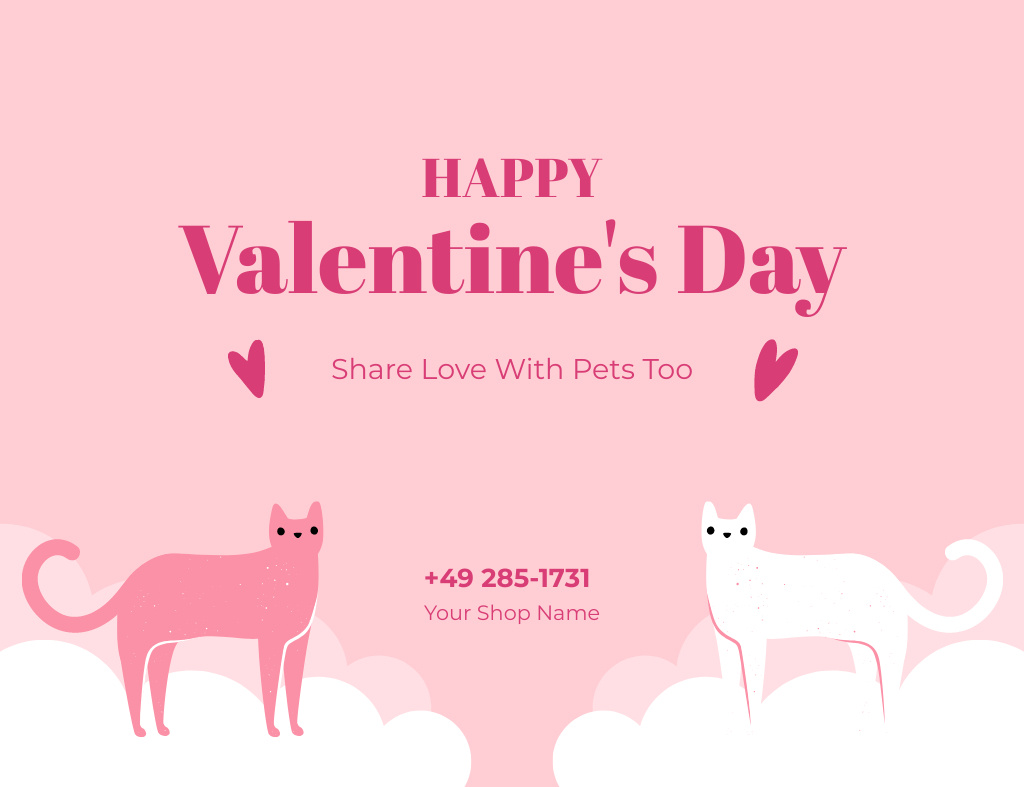Happy Valentine's Day Greetings with Cute Cats in Pink Thank You Card 5.5x4in Horizontal – шаблон для дизайну