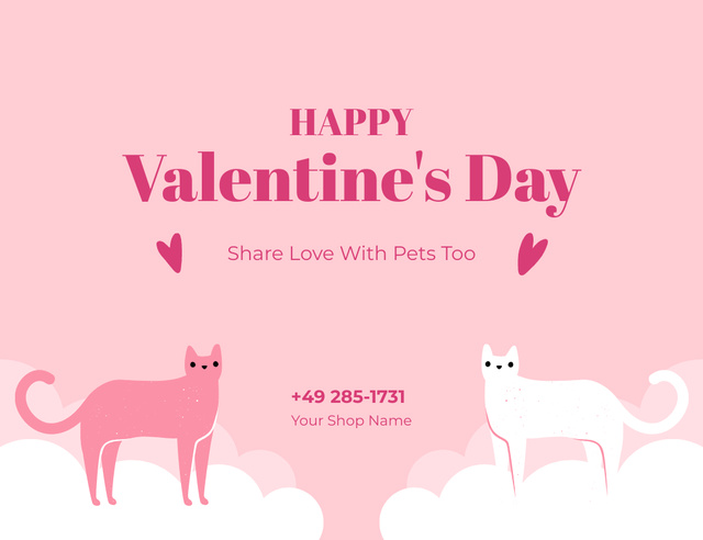 Happy Valentine's Day Greetings with Cute Cats in Pink Thank You Card 5.5x4in Horizontal Πρότυπο σχεδίασης