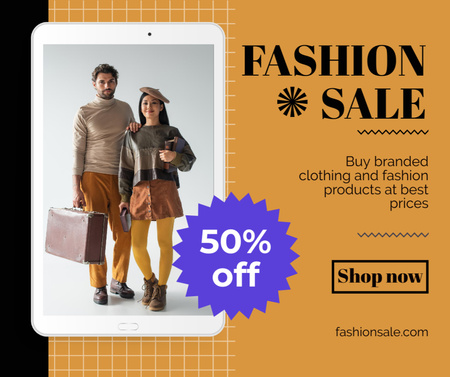 Fashion Sale Ad with Stylish Couple And Clothes At Half Price Facebook Design Template