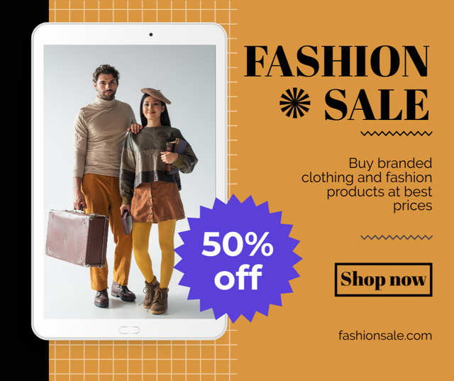 Fashion Sale Ad with Stylish Couple And Clothes At Half Price Facebook Πρότυπο σχεδίασης