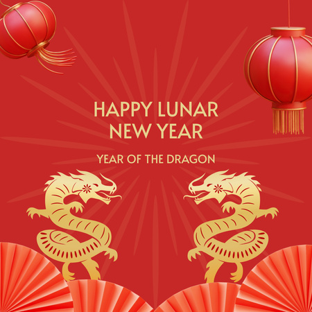 Happy New Year Greetings with Dragons and Lanterns Instagram Design Template