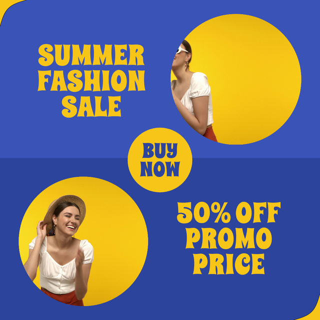 Summer Fashion Wear Promo on Blue and Yellow Animated Post tervezősablon