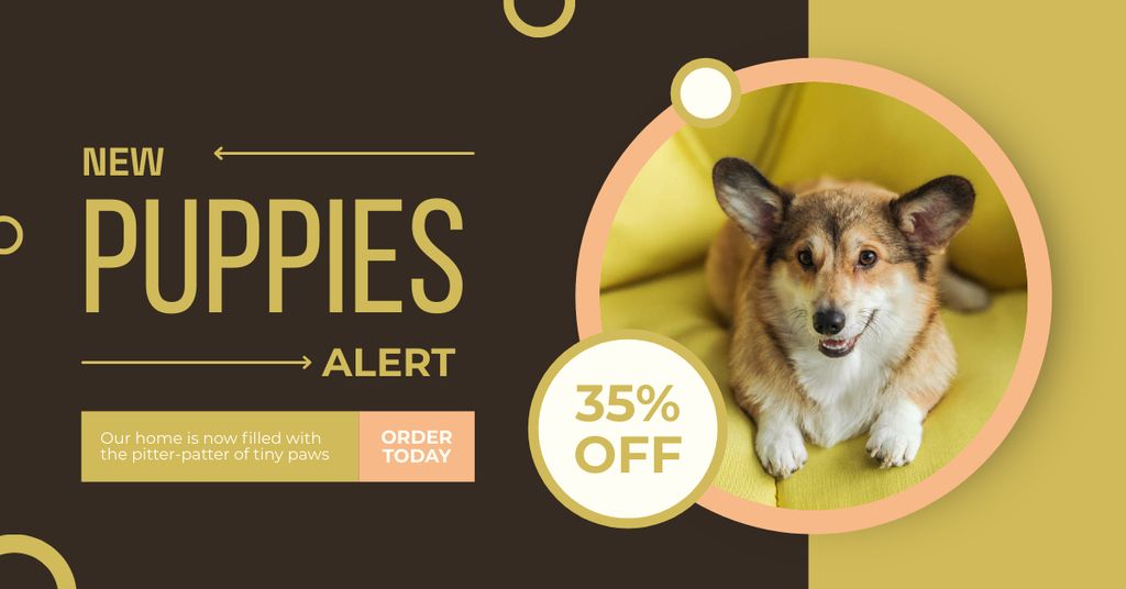 Ontwerpsjabloon van Facebook AD van New Puppies Alert on Brown and Yellow