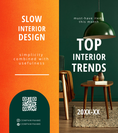 Stylish Modern Room Interior in Orange and Green Brochure 9x8in Bi-fold Design Template