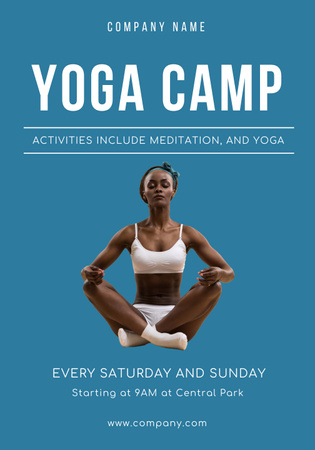 Designvorlage Yoga-Camp-Einladung mit meditierender Frau für Poster 28x40in