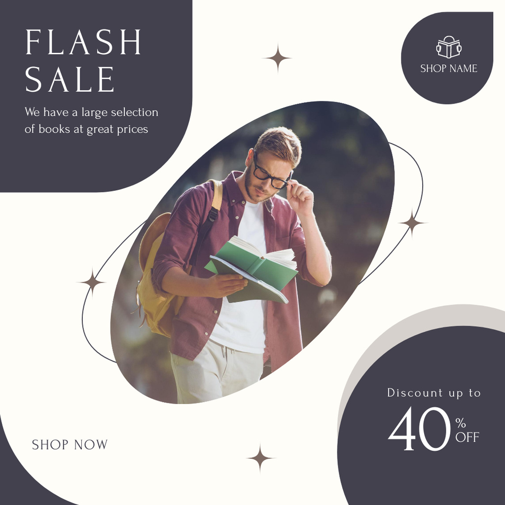 Discount Ad with Handsome Young Man with Book Instagram Design Template