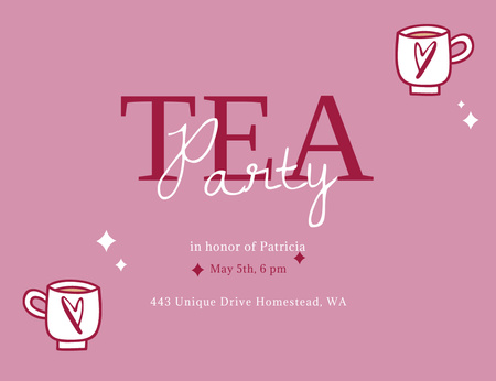 Tea Party Announcement With Cute Cups Invitation 13.9x10.7cm Horizontal Design Template