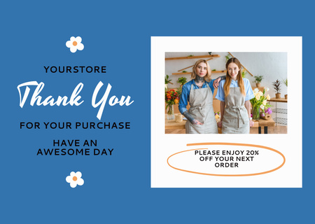 Thank You Message with Beautiful Young Florists at Workplace Card Design Template