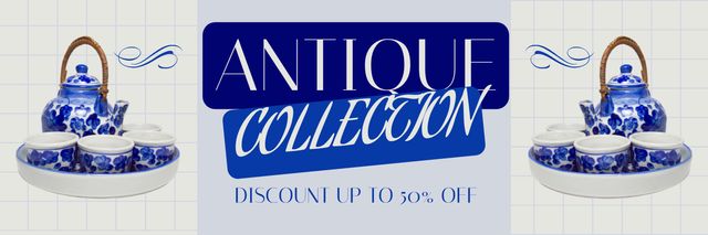 Discount on Antique Tableware with Blue Pattern Twitter Design Template