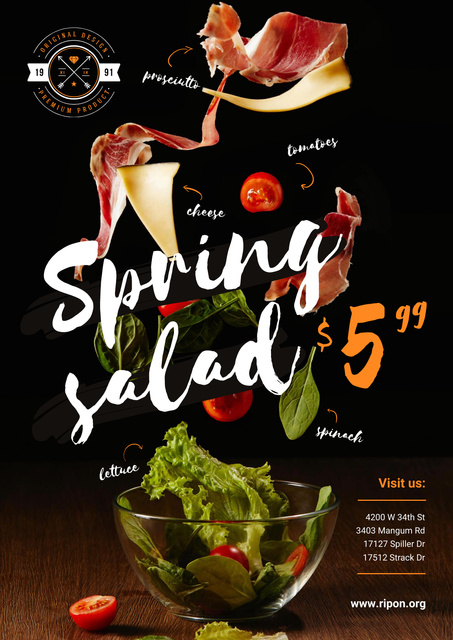 Designvorlage Spring Menu Offer with Salad Falling in Bowl für Poster