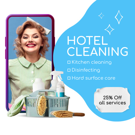 Plantilla de diseño de Servicio De Limpieza De Hotel Con Descuento Y Suministros Animated Post 