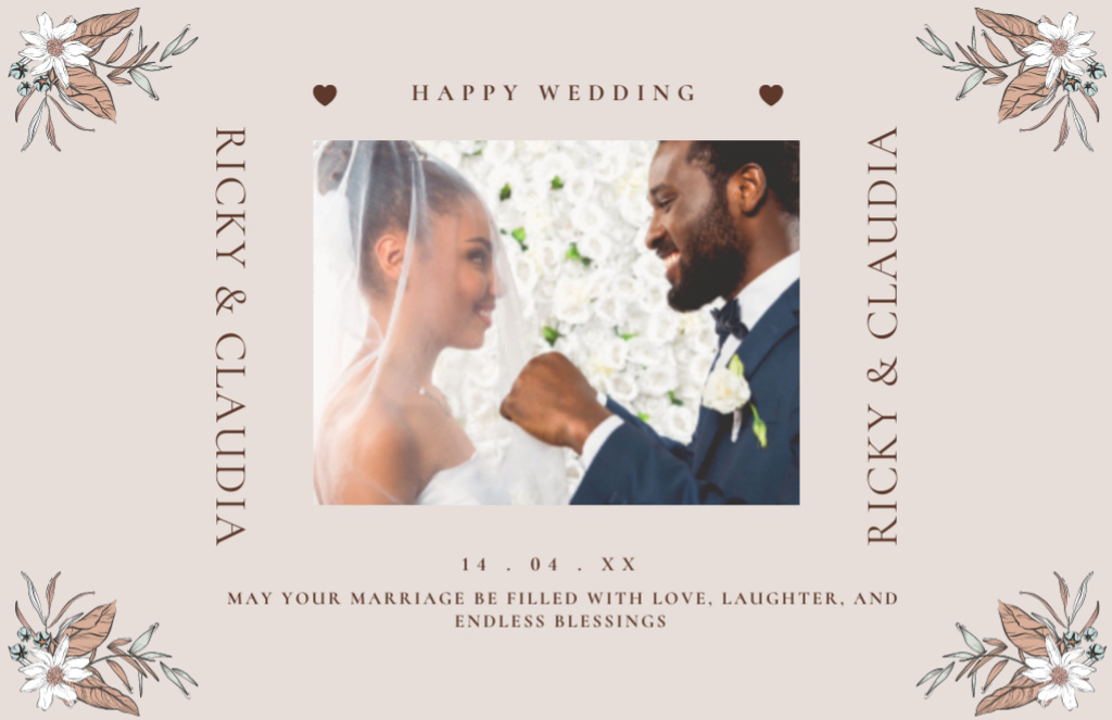 Wedding Announcement with African American Couple Thank You Card 5.5x8.5in Design Template