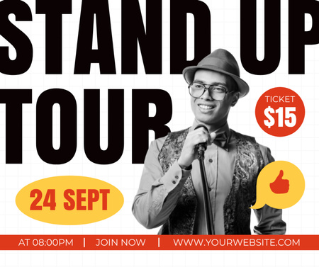 Ilmoitus Stand Up -kiertueesta nuoren koomikon kanssa Facebook Design Template