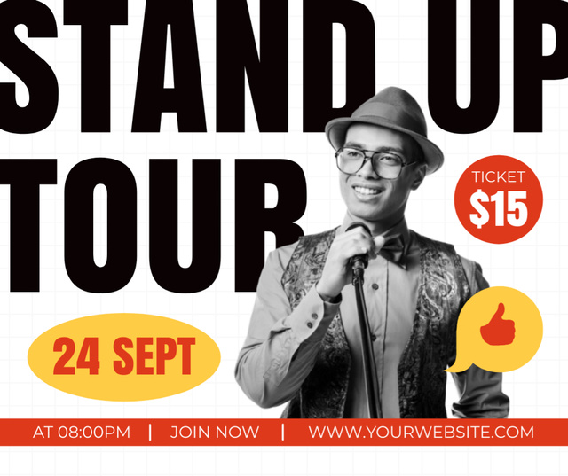 Announcement of Stand Up Tour with Young Comedian Facebook Design Template