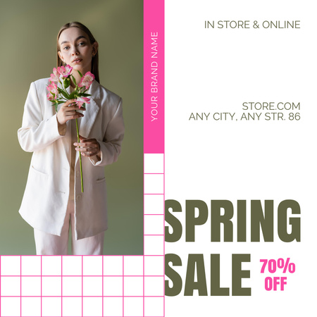 Spring Sale Announcement with Young Woman with Flowers Instagram AD Design Template