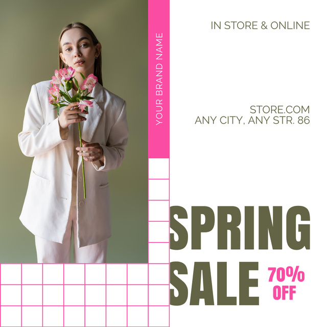 Platilla de diseño Spring Sale Announcement with Young Woman with Flowers Instagram AD