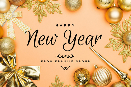 Modèle de visuel Voeux du Nouvel An dans des décorations dorées et scintillantes - Postcard 4x6in