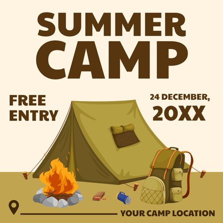 Summer Camp Ad with Tent and Backpack Instagram Design Template