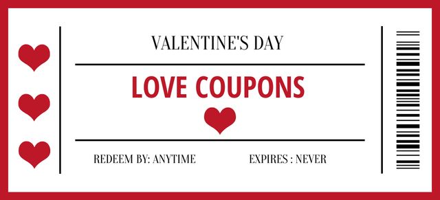 Valentine's Day Offers with Red Hearts Coupon 3.75x8.25in Tasarım Şablonu
