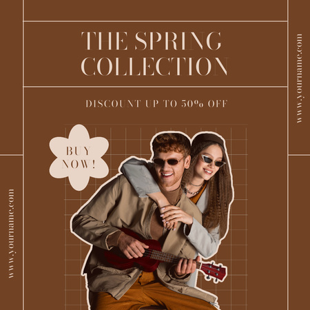 Fashion Spring Sale with Stylish Couple on Brown Instagram AD Design Template