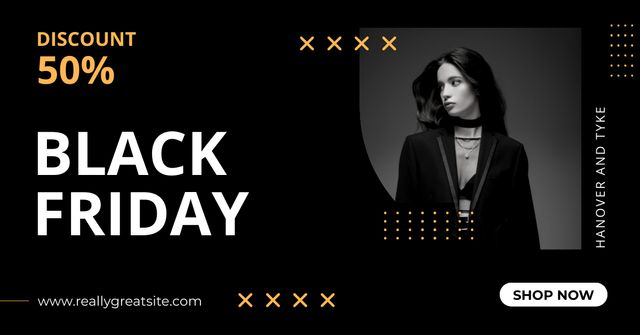 Black Friday Discount with Woman in Stylish Outfit in Dark Tones Facebook AD Tasarım Şablonu