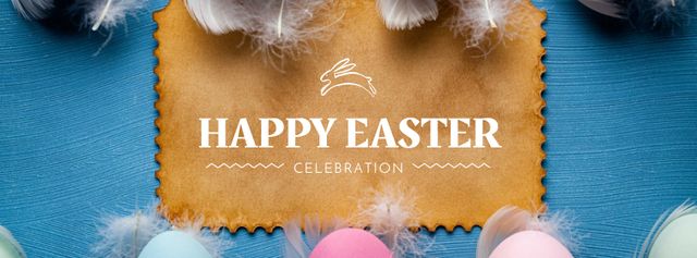 Easter Greeting with Colorful Eggs and Feathers Facebook cover Modelo de Design