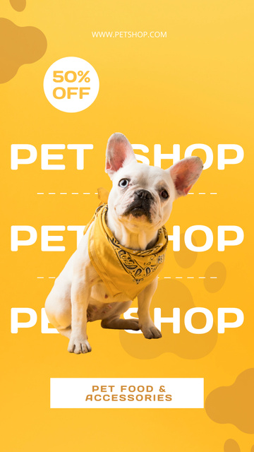 Pet Shop Discount Offer with Cute Dog on Yellow Instagram Story Tasarım Şablonu