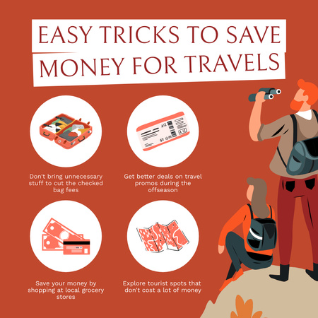 Money Saving Travel Tips with Tourists on Red Instagram Design Template