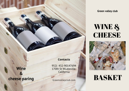 Designvorlage Ankündigung einer Weinprobe mit Flaschen und Käsekorb für Brochure