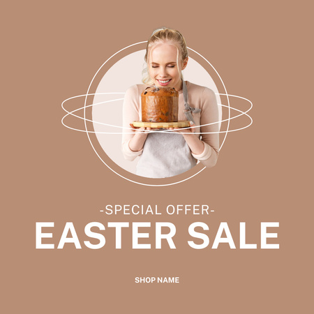 Easter Sale Offer with Young Woman Holding Delicious Easter Cake Instagram Design Template