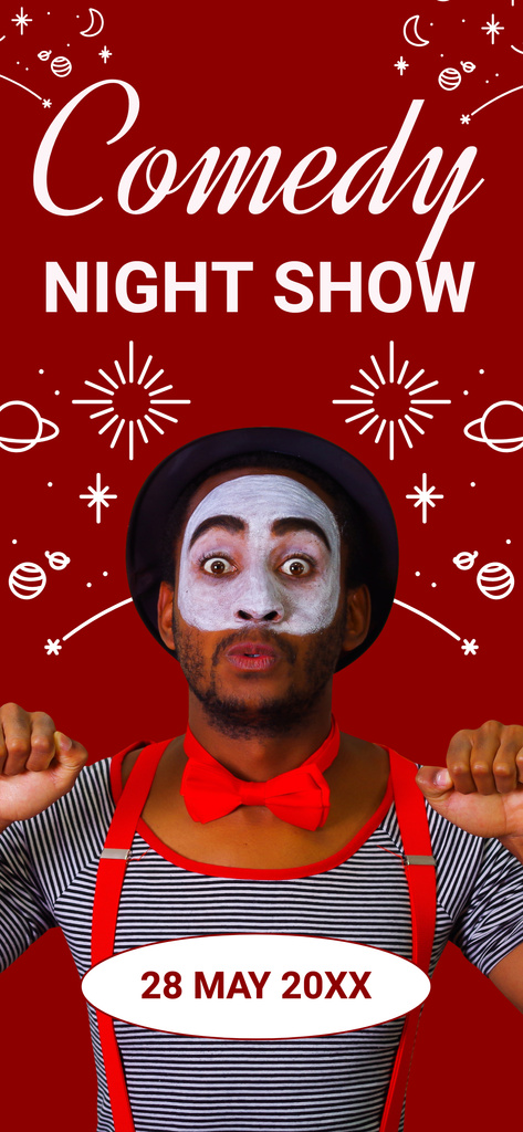 Ad of Comedy Night Show with Mime in Bright Costume Snapchat Moment Filter Design Template