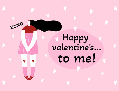 Happy Valentine's Day with Cute Cartoon Woman in Pink Thank You Card 5.5x4in Horizontal Design Template